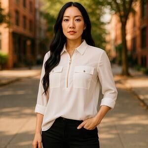 MICHAEL Kors‎ Womens Blouse Size Small White Sheer Quarter Zip NEW